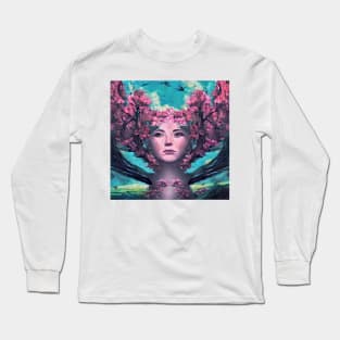 Beautiful portrait of pretty young woman face with flowers in spring Long Sleeve T-Shirt